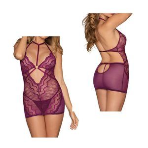 Dreamgirl Burgundy Lace & Mesh Chemise Halter Neckline O-Ring Detail One size OS